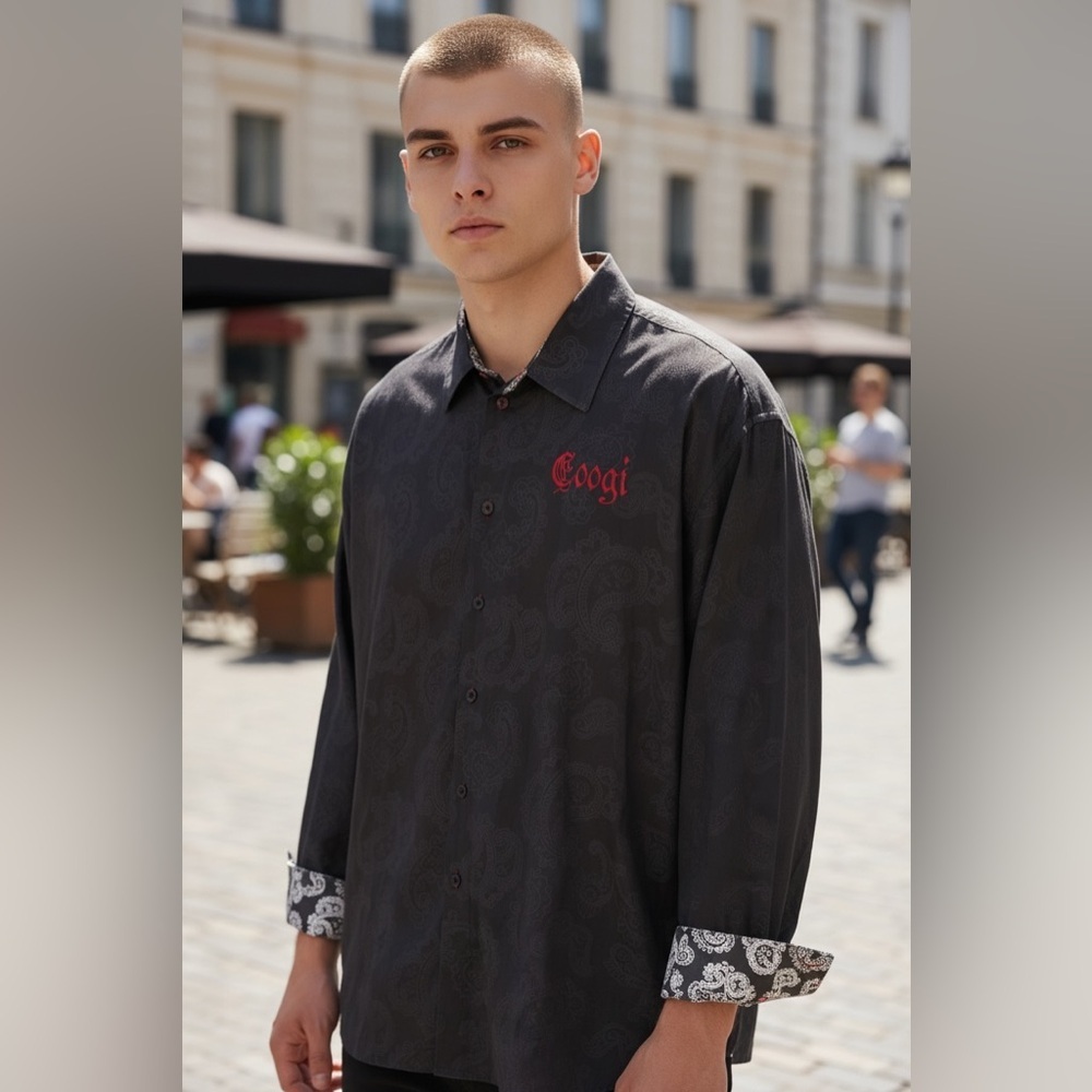 COOGI Luxe Flip Cuff Paisley Black Stretch Button Up Shirt Men's 4XL